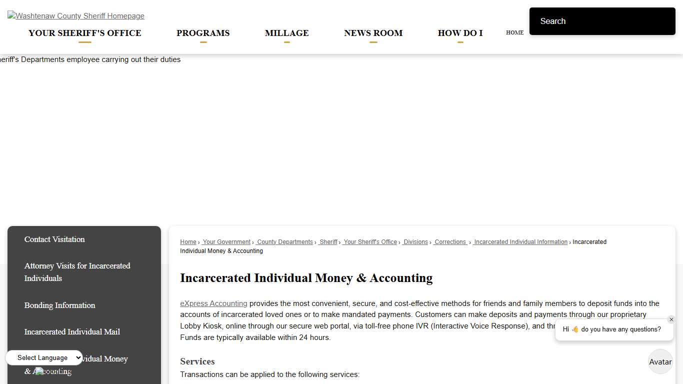 Incarcerated Individual Money & Accounting | Washtenaw County, MI - Official Website